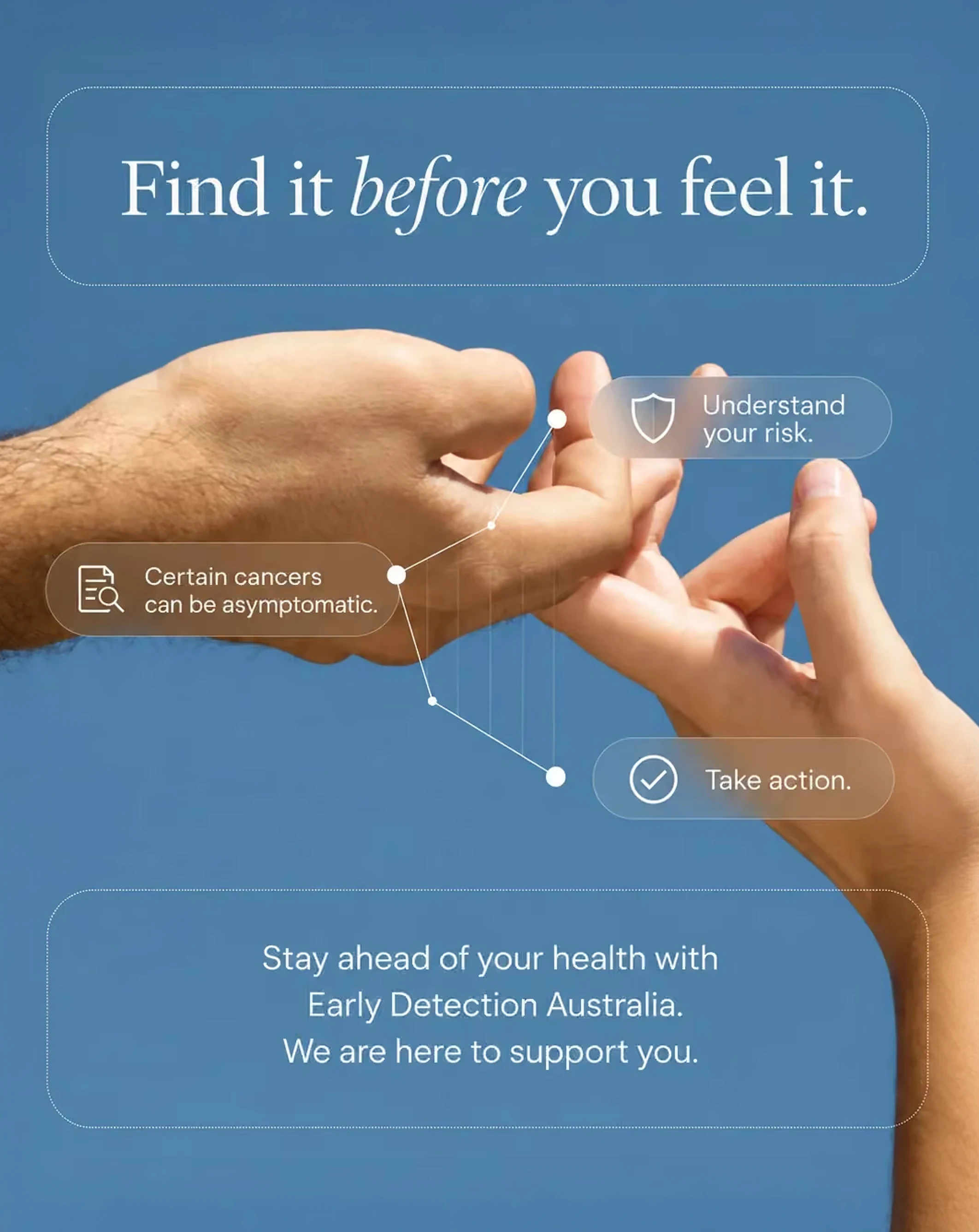Find it before you feel it — two hands reaching toward each other with early detection callouts